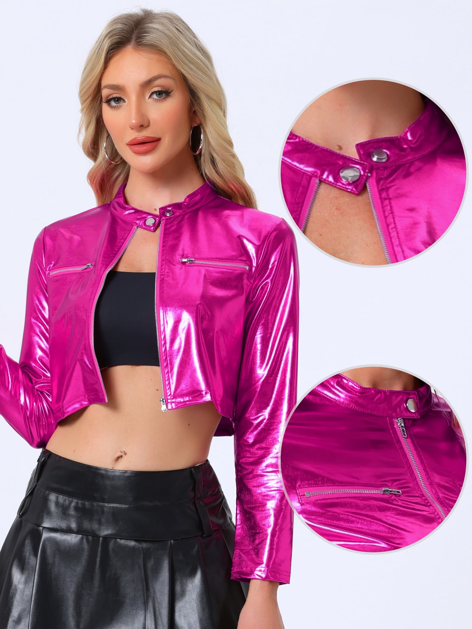 DARING DIVA Women's Cropped Jacket Metallic Stand Collar Long Sleeve Crop Jackets XS Hot Pink