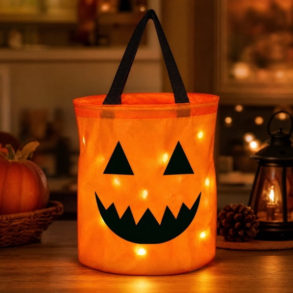 Halloween LED Light Up Pumpkin Candy Bag Reusable Treat Tote with Handle Large Capacity Trick or Treat Bucket