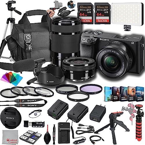 Sony a6400 Mirrorless Camera with 16-50mm   55-210mm Lenses, 128GB Extreem Memory,.43 Wide Angle & 2X Lenses, Case. Tripod, Filters, Hood, Spare Battery & Charger, Editing Software Kit -Deluxe Bundle