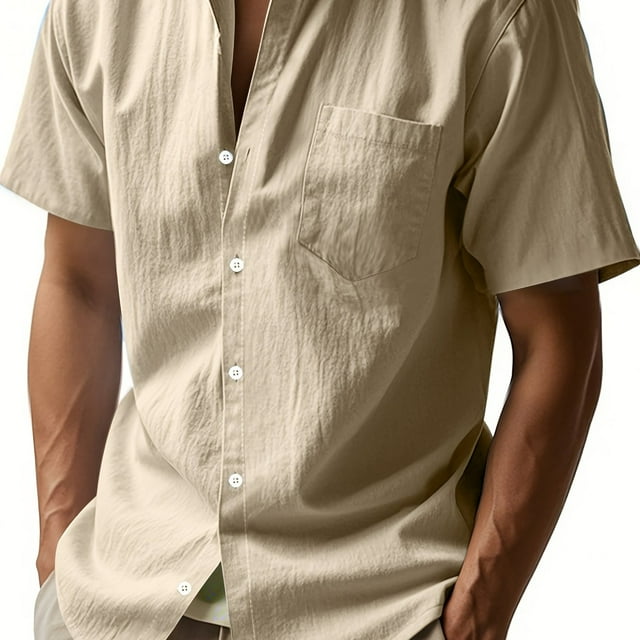 Dsseng Men‘S Solid Color Linen Collar Short Sleeved Shirt Loose And Casual Style Breathable And Comfortable