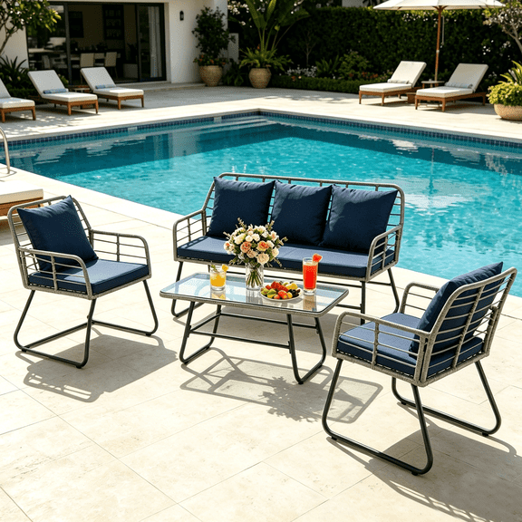 Betcozy 4 Piece Patio Furniture Set, Outdoor Wicker Loveseat and Sofa Chairs Conversation Set with Rectangular Glass Table & Cushions, Heavy Duty Lawn Conversation Set for Garden, Poolside, Blue