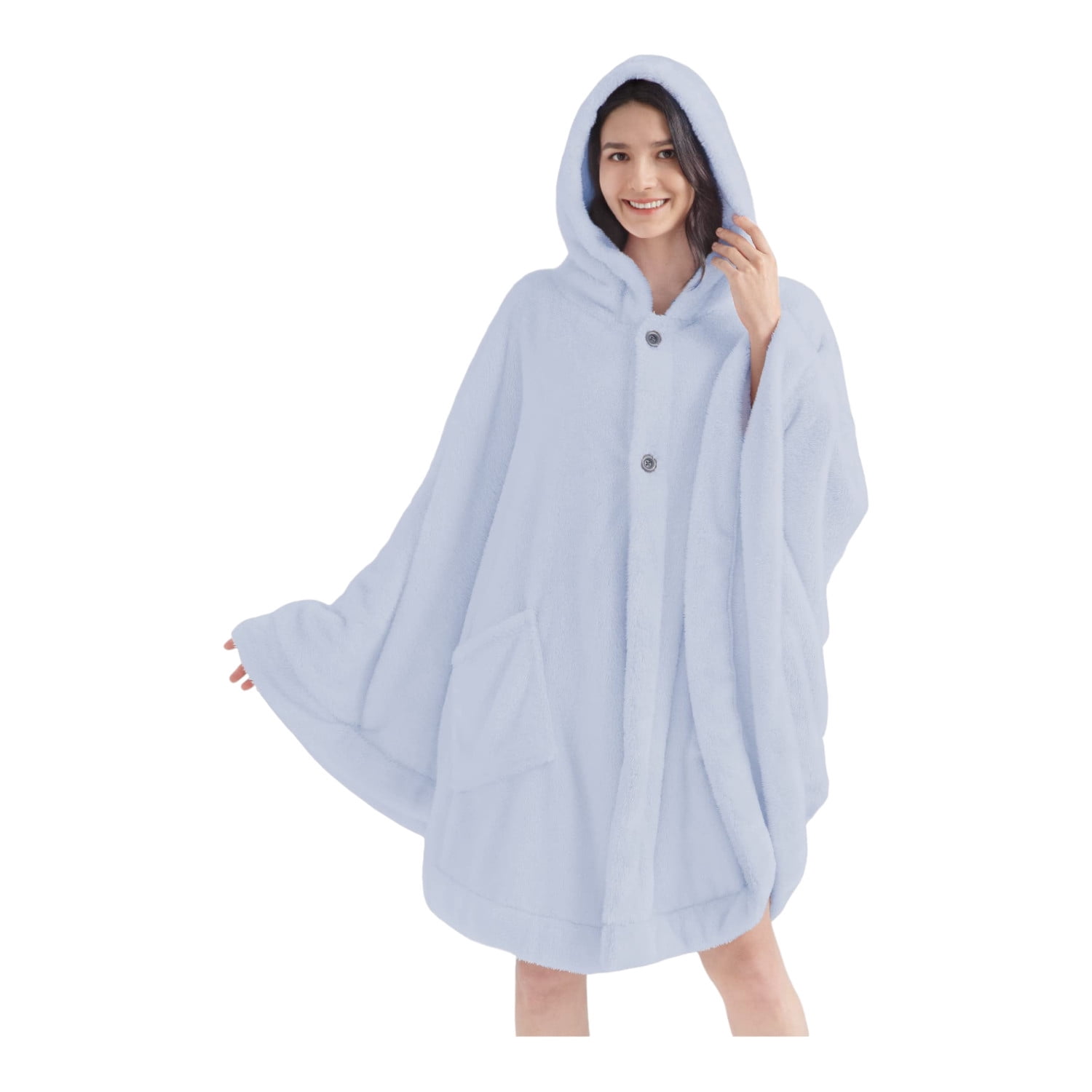 Cozy Sherpa Hooded Blanket Poncho Fluffy Fleece Shawl Cape with Pockets Warm Gift for Women Light Blue Walmart
