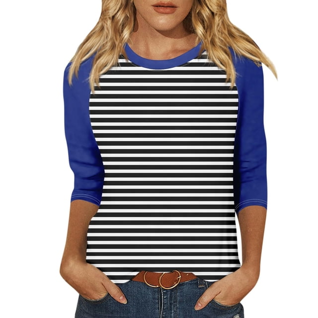 AherBiu Hauts à Manches 3/4 pour Femmes Rayés Tendance Décontracté Pull d'Été Confortable Chemises Amples