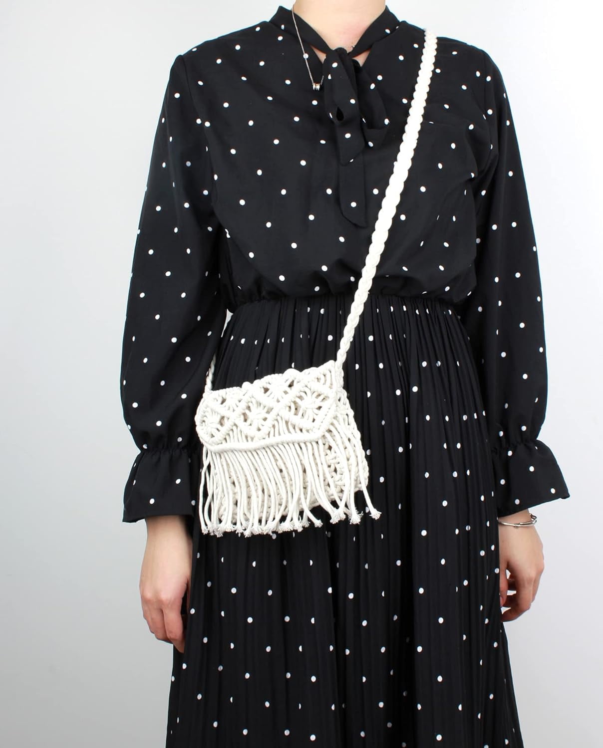 Women Small Cotton Crochet Cross-body Bag Bohemian Shoulder Bag Purse