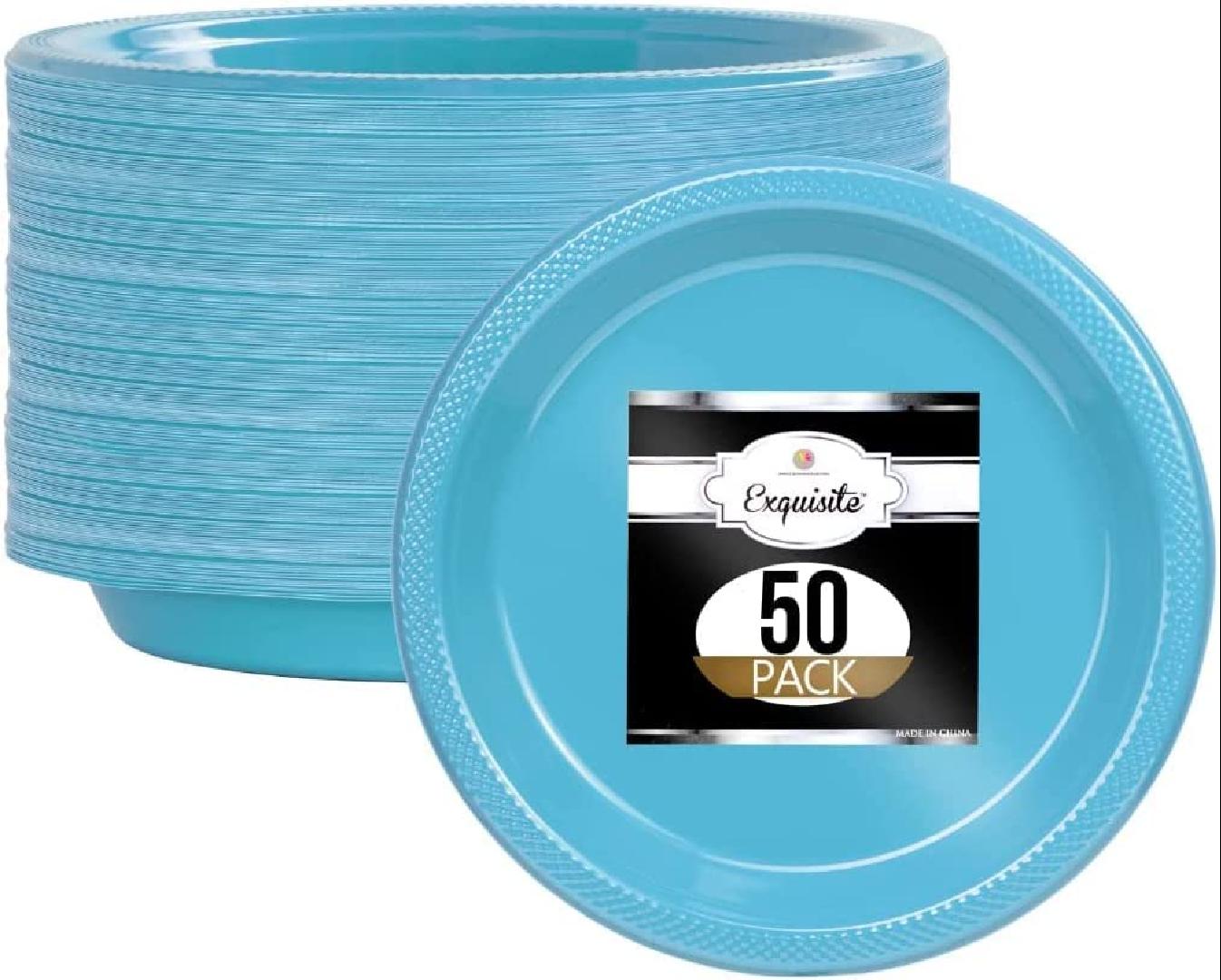 Light Blue Plastic Plates 50 Count I 9 Inch I Round Light Blue
