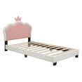 thumbnail image 6 of Twin Size Upholstered Princess Bed, Platform Bed with Crown Headboard and Footboard, Pink Bed Frame for Girls, White, 6 of 9