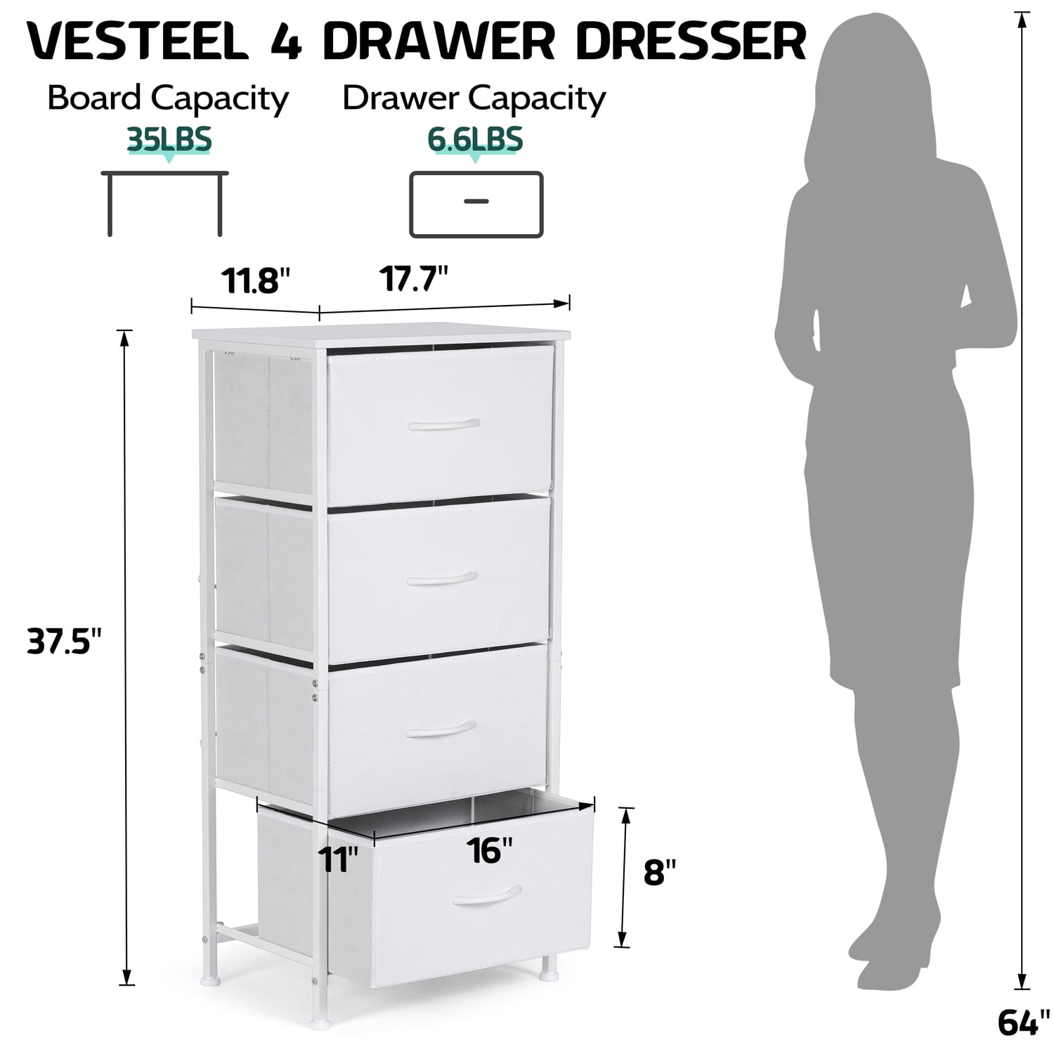 4 Drawers Dresser for Bedroom, Vesteel Fabric Chest of Drawers Tall Storage Tower with Wood Top and Sturdy Steel Frame, Storage Organizer Unit for Closet, Living Room, Hallway - White