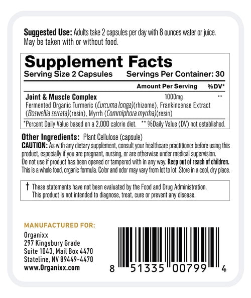 Organixx Joint & Muscle Care Joint Support Supplement 3-in-1 Inflammatory Support Formula with Turmeric, Frankincense & Myrrh, Helps with Flexibility, 60 Capsules