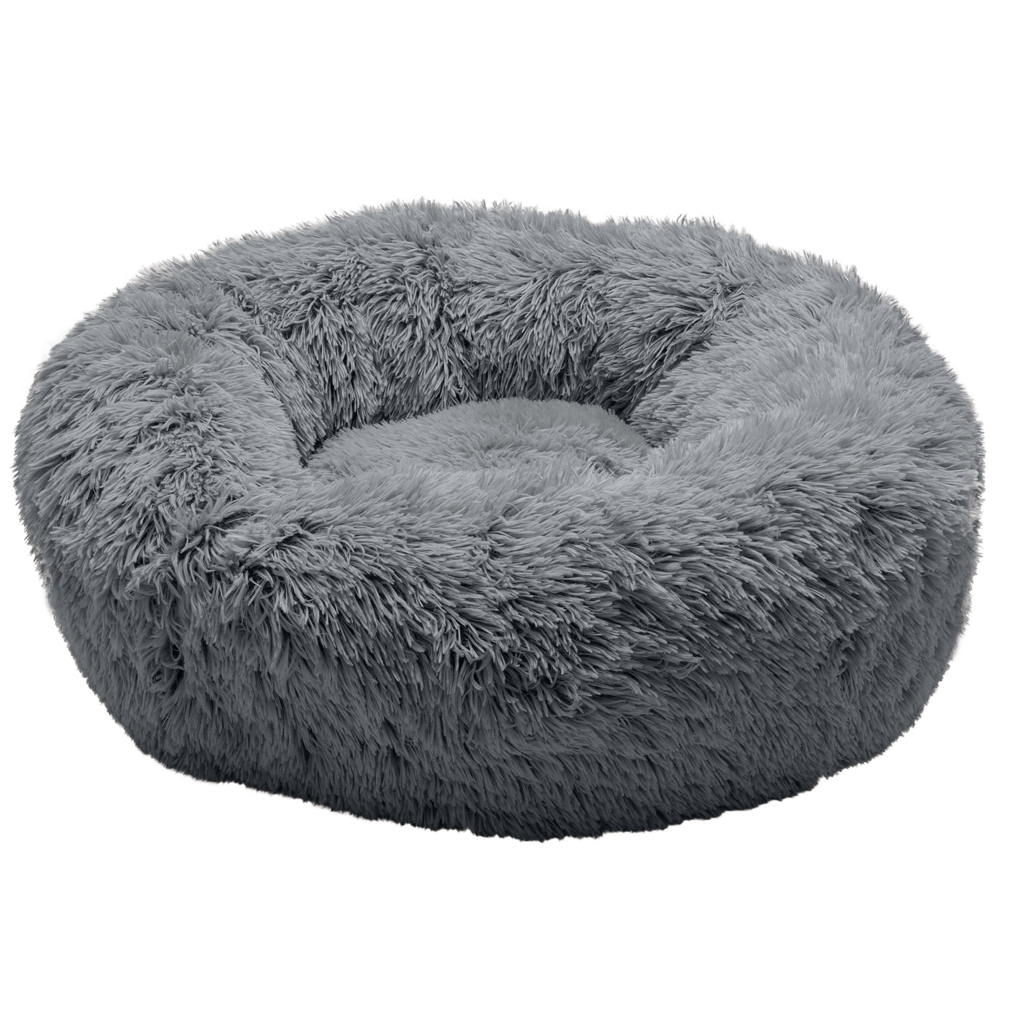 Furhaven 30" Round Calming Donut Dog Bed with Washable & Removable Cover & Bolster - Shaggy Plush Long Faux Fur Ball Bed - Gray, For Dogs Up to 45 lbs, Medium