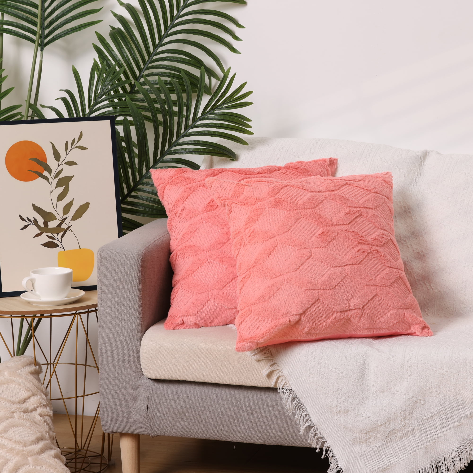 Unique Bargains Short Plush Solid Living Room Decorative Pillow Covers (2 Count) Coral Red 18" x 18"