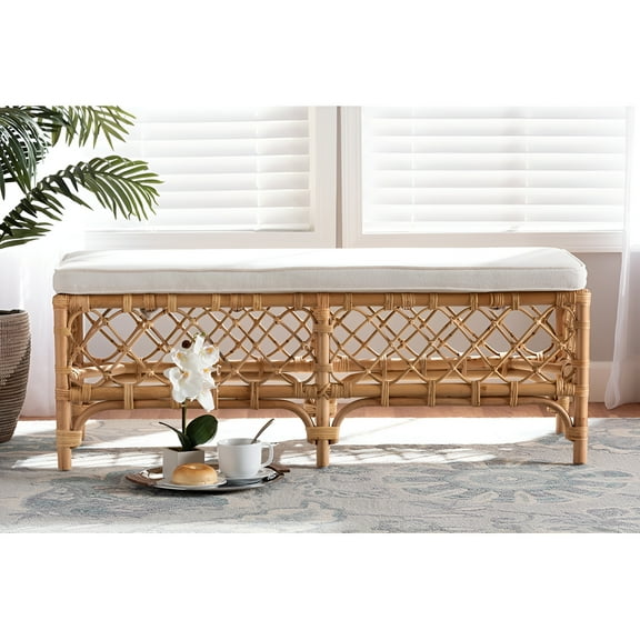 Baxton Studio Orchard Modern Bohemian White Fabric Upholstered and Natural Brown Rattan Bench