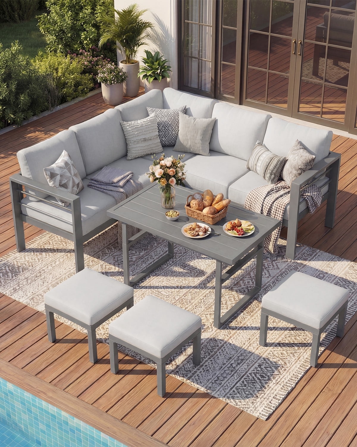 AECOJOY Outdoor Furniture Sets Clearance, Aluminum Patio Furniture Sets on sale, Metal Patio Sets, Outdoor Conversation Sets, Outdoor Sectional Sofa for Lawn,Light Grey