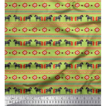 Soimoi Green Cotton Poplin Fabric Stripe & Horse Folk Art Print Sewing Fabric Yard 42 Inch Wide