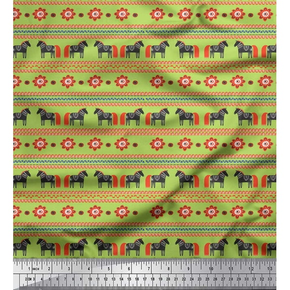 Soimoi Green Rayon Fabric Stripe & Horse Folk Art Print Fabric by the Yard 42 Inch Wide