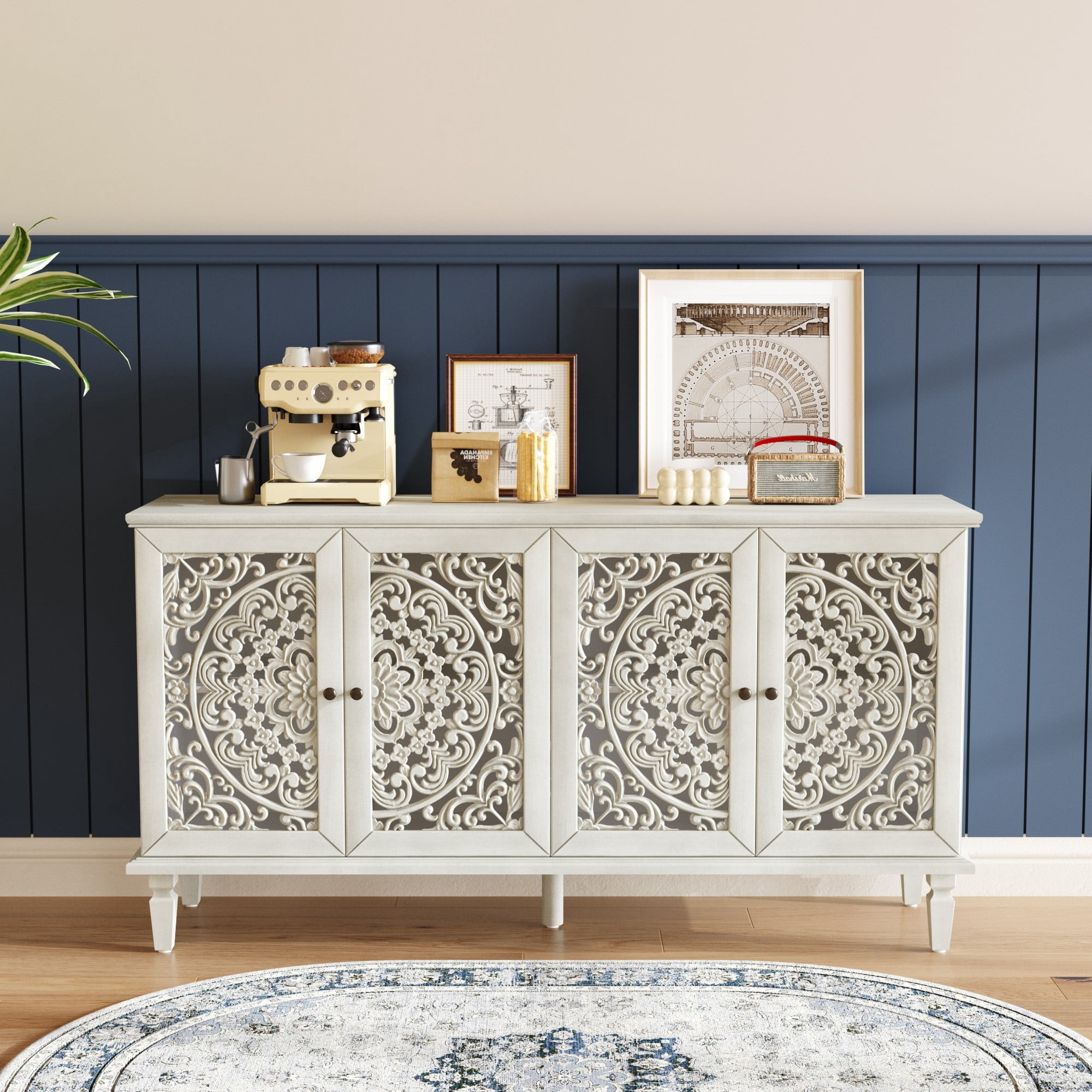 60" Antique Buffet Cabinet with Floral Carved Doors, TV Stand for 65 Inch TV, Sideboard Cabinet with Adjustable Shelves, Antique White
