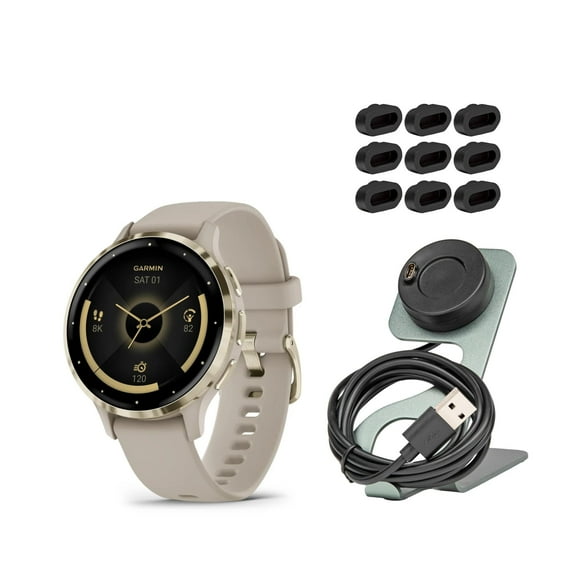 Garmin Venu 3S Soft Gold Stainless Steel Bezel Smartwatch with 41mm Ivory Case and Silicone Band Bundle with Charger Stand for Garmin Smartwatches and Focus Charger Port Protectors (9-Pack) (3 Items)