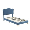thumbnail image 1 of Cama individual tapizada para niños con cabecera tipo concha – Estructura robusta de terciopelo azul claro, lamas de madera, diseño bajo, silenciosa, fácil montaje – Color azul claro, tamaño TWIN, 1 of 8