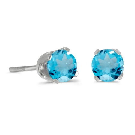14k White Gold Round Blue Topaz Screw-back Stud Earrings