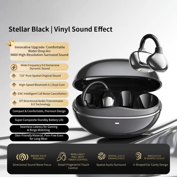 Bluetooth 6.1 Open Ear Clip Wireless Earbuds, Premium Audio, Active Noise Reduction, Long Battery Life, for Running, Cycling, Travel and Office Use