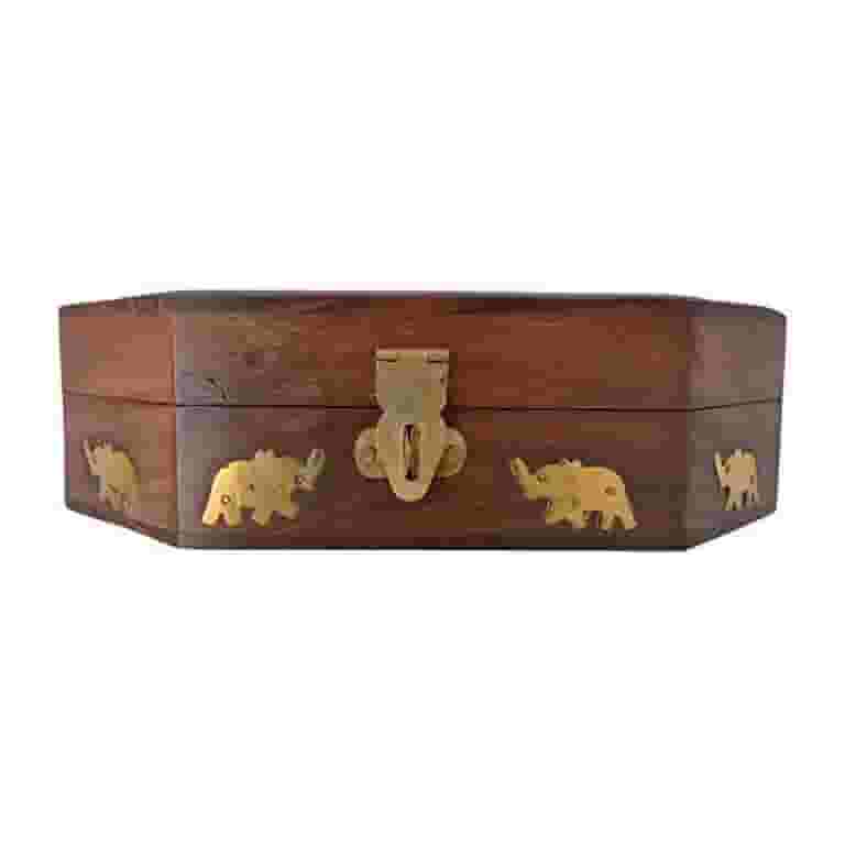 OM SHRI OM Decorative Wooden Elephant Jewelry Box – Handmade Floral Organizer