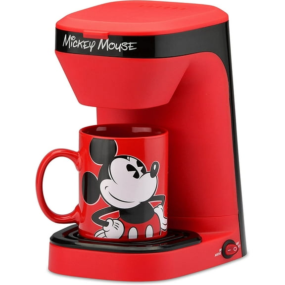 Disney Mickey Mouse 1-Cup Coffee Maker with 12 oz Mug - Kitchen Appliance for Drip Coffee - Home Appliance with Mickey Mouse Mug & Removable Drip Tray - Machine with Filter Basket
