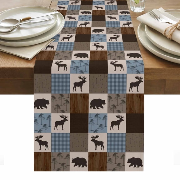 Blue Checkered Cabin Table Runner - 72 Inch Long, Kitchen Dining Table Runner Dresser Scarves, Farmhouse Forest Brown Buffalo Plaid Farmhouse Decor for Coffee Tables Wedding Party Banquet
