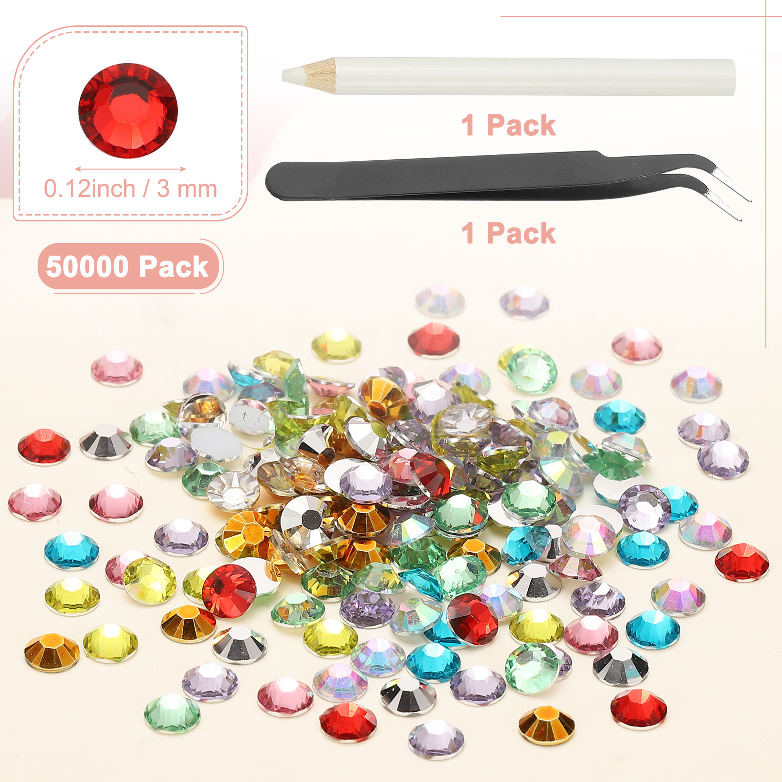 1-Set Resin Flatback Rhinestone, 3mm Flat Back Rhinestones Crystals Bulk for Crafts/Clothes/Nail Decoration, 50000 Pack with 1 Wax Pen and 1 Tweezer [Red]