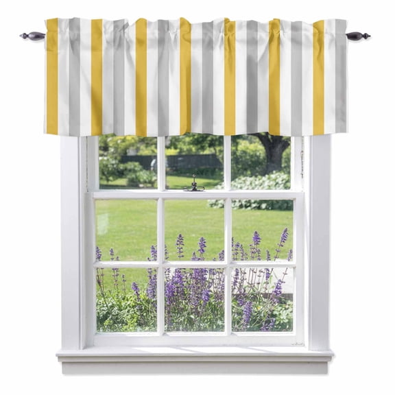 Orange Grey Striped Kitchen Curtain Valances for Windows Farmhouse Short Curtains, Geometric Vertical Stripes White Rod Pocket Valance Curtain for Bedroom Cafe Living Room 42"x18"