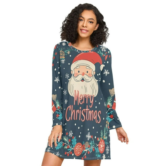 FORMRS Womens Long Sleeve Nightgowns Crew Neck Sleep Shirt Soft Pajamas Sizes S-3XL, Blue Christmas Santa