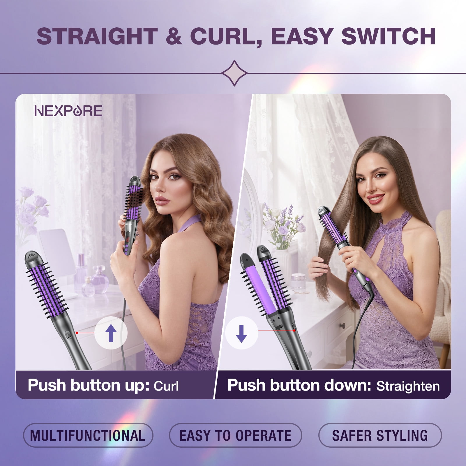 NEXPURE Curling Iron, Ionic Hair Curler Brush and Straightener 2 in 1 for All Hair Types, 30s Fast Heat, Purple