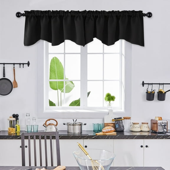 Deconovo Solid Blackout Curtain Valances Rod Pocket Scalloped Window Valance for Kitchen (42" x 18", Black, 1 Panel)