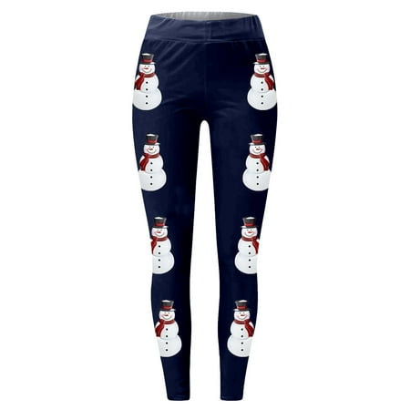 FYEGRE Women s Festive Snowman Print Athletic Leggings Stretch Yoga Pants for Fitness Training and Holiday Season Wear Dark Blue XXL