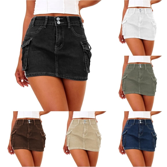 SONXAHE Dual Button Waist Cargo Mini Skirt for Women Side Cargo Pocket Street Daily Denim Skort