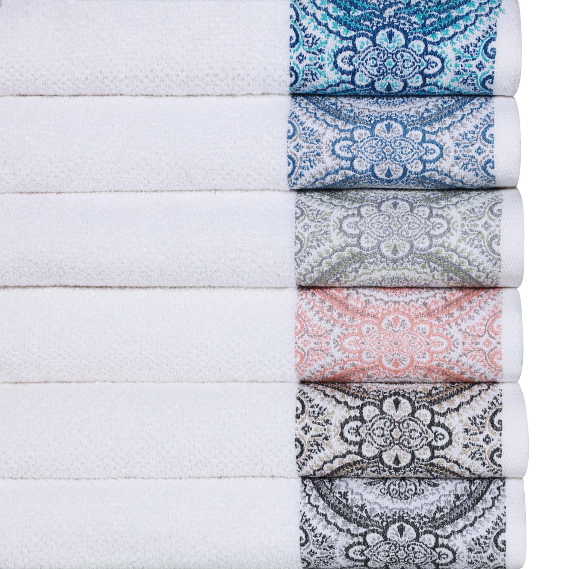 Superior Medallion Cotton Hand Towels, Set of 6, White/ Emberglow
