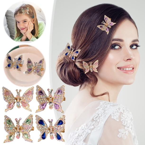 Pinza de pelo de mariposa con pedrería móvil para mujer - Horquilla 3D con alas aleteantes, 2,17 x 1,57 pulgadas, accesorio para el pelo para bodas y fiestas