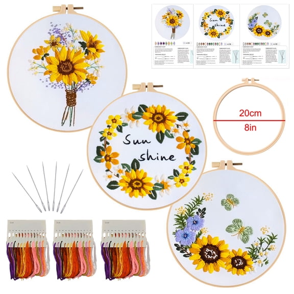 3 Pack Sunflower Embroidery Kit for Beginners, Floral DIY Craft Set with 8 inch Hoop, Pre-Printed Fabric, Threads & Needles, Easy Embroidery Starter Kit Adults Kids