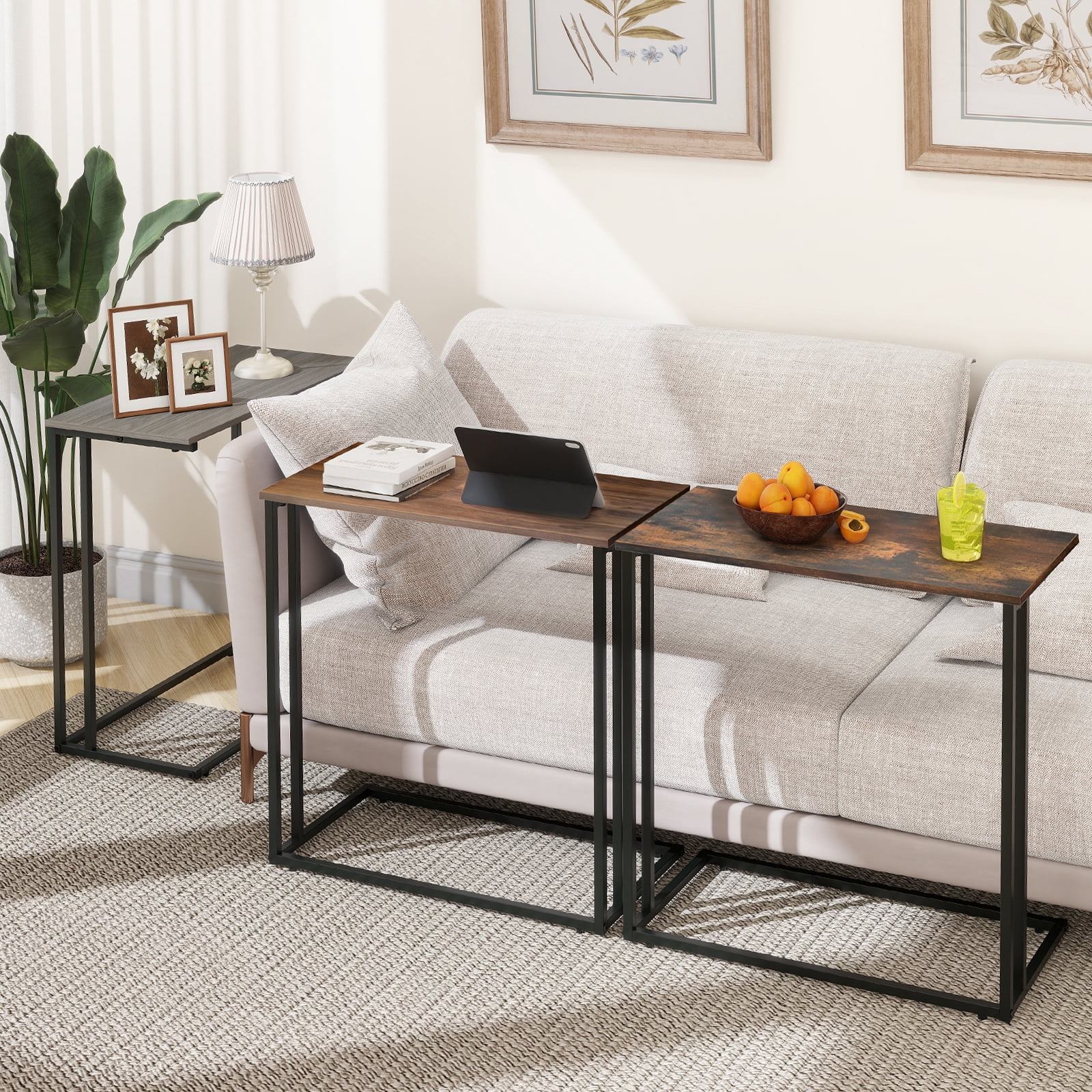 Krpimt C-Shaped End Table for Couch Sofa Side Table with Metal Frame for Bedroom, Living Room, 24.2"x 23.6"x 11.8"(HxWxD),Walnut