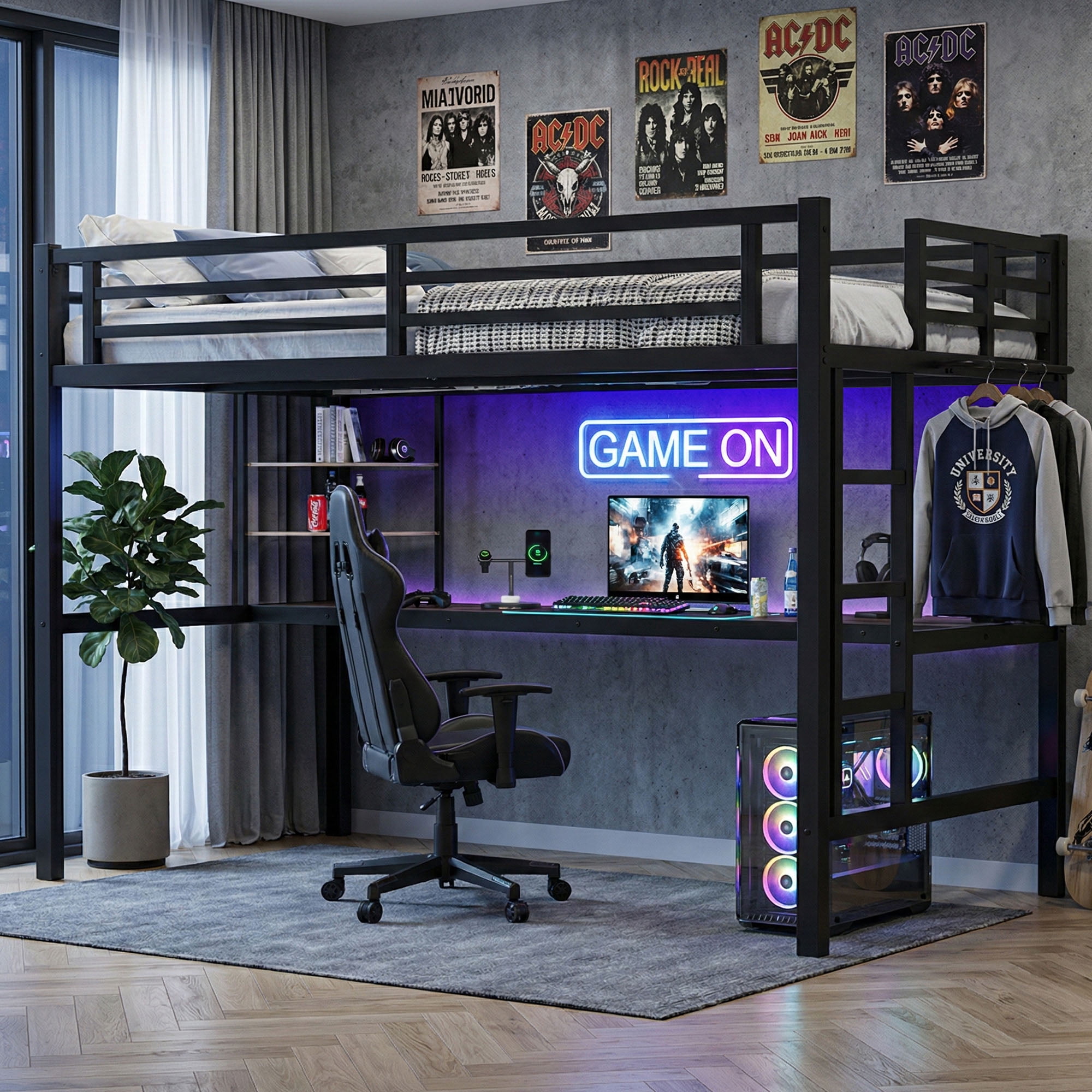 Twin XL Loft Bed with Desk and Storage Shelves, Metal Loft Bed with Charging Station and LED Lights