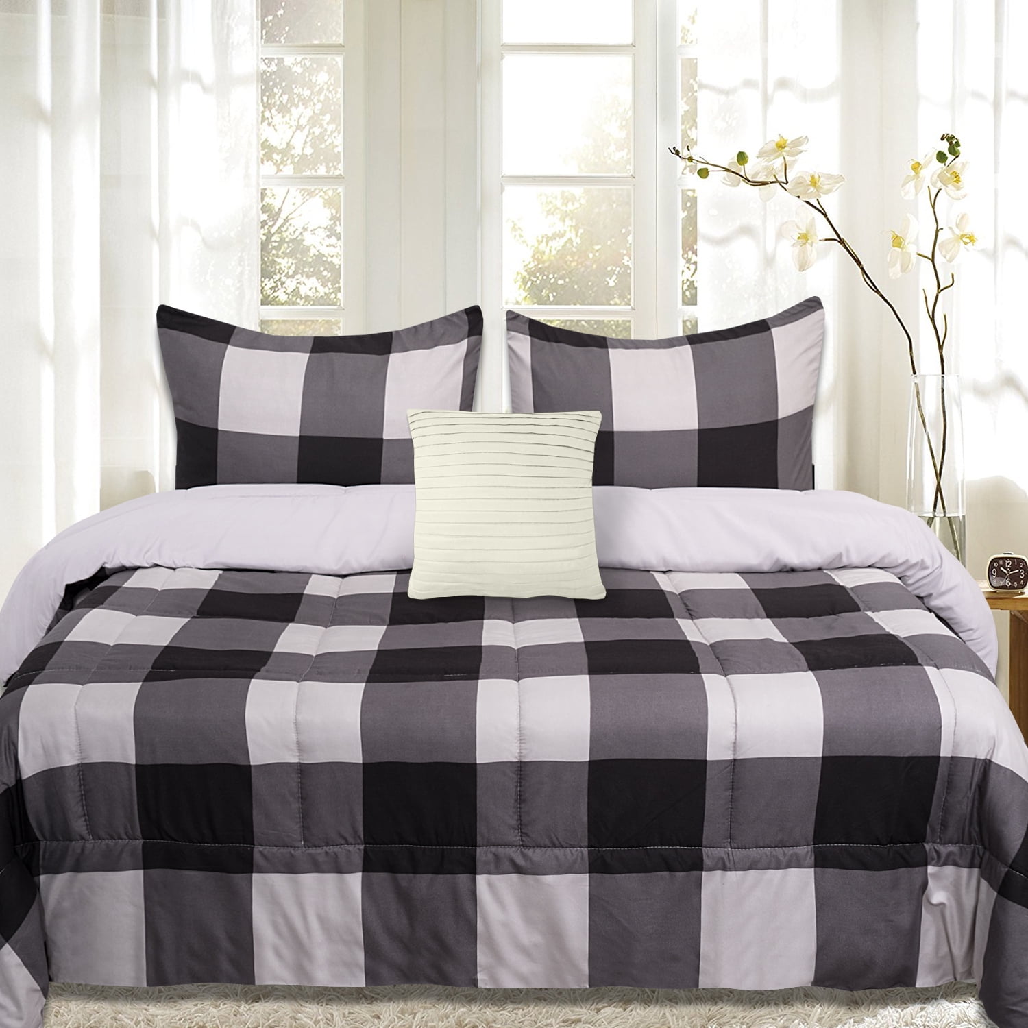 Soft Grey Red Black Plush Reverse Sherpa Down Alt 4 Pcs Comforter