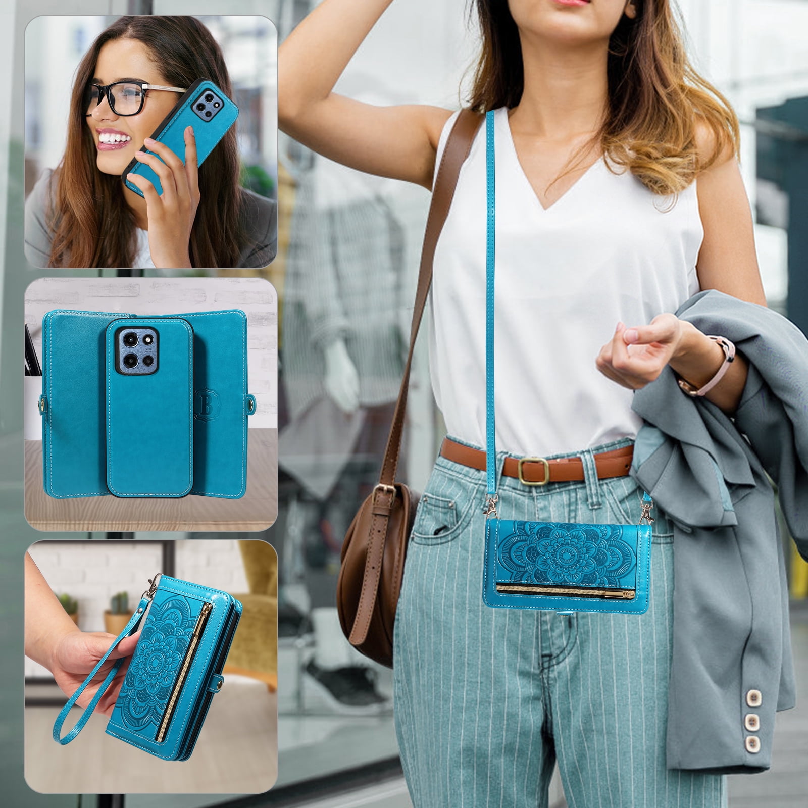 Asuwish Phone Case for Motorola Moto G 5G 2025 Zipper Wallet Detachable Cell Cover with Tempered Glass Screen Protector Crossbody Lanyard Strap Flower Flip Card Holder G5G 5 G G5 Women Men Girls Blue