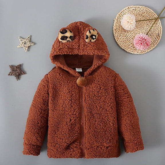 ATOGUTA Baby Coat Fleece Zip Up Hoodie Bear Ears Fuzzy Jacket Hooded Teddy Coat Winter Shacket Warm Outwear Cardigan Brown, Size 1T-4T