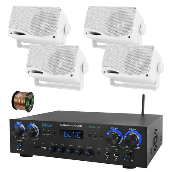 Pyle PDA77BU 4-Channel Home Theater Bluetooth MP3/USB/SD/RCA/AUX FM Radio Receiver, 4x 3.5" 200 Watt 3-Way Indoor/Outdoor Wall Mount Speakers (White), 50 ft 16 Gauge Speaker Wire