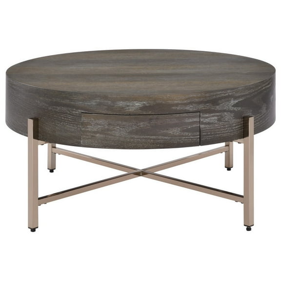 1 Drawer Round Modern Coffee Table with Crossed Metal Legs, Brown and Gold