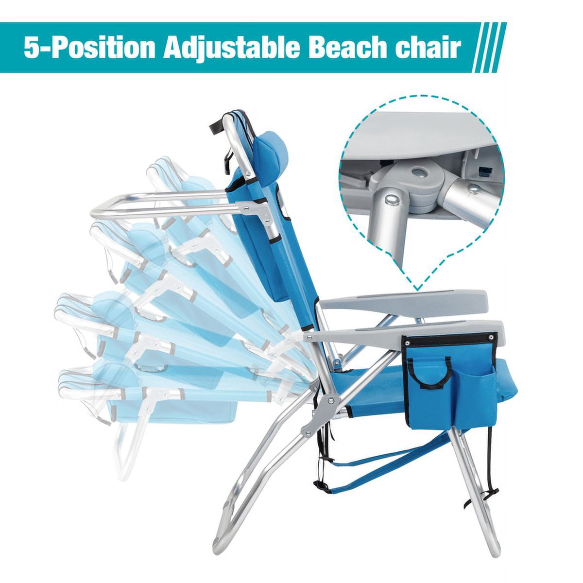 63*70*99cm Heightened Oxford Cloth Silver White Aluminum Tube Bearing 100kg Beach Chair with Cup Holder Storage Pouches Blue