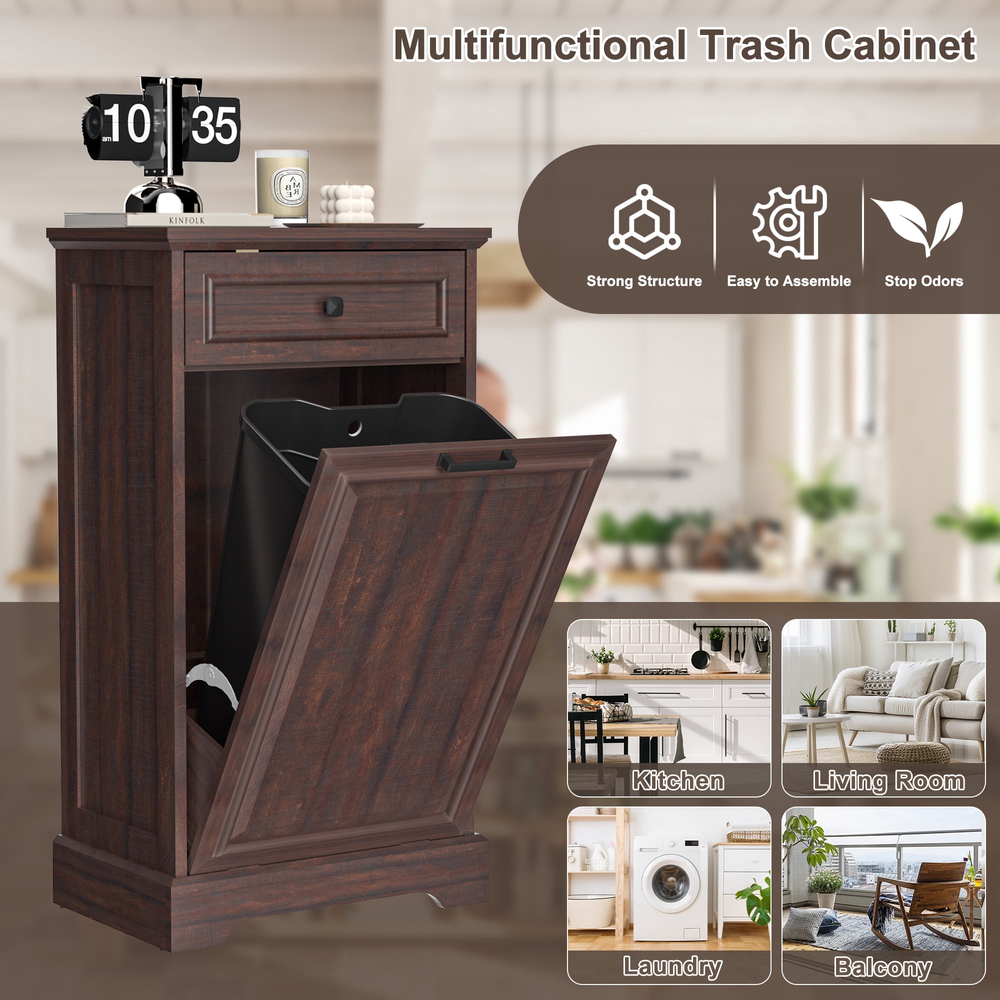 HARIPUL Single Tilt Out Trash Cabinet for 13 Gallon Trash Can, Laundry Hamper Tilt Out Pet Proof Trash Cabinet for Kitchen, Brown