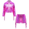 thumbnail image 4 of Doomiva Kids Girls Long Sleeve Shiny Fringe Crop Jacket Top and Metallic Tassel Shorts Sparkly Dance Streetwear Hot Pink 12, 4 of 6