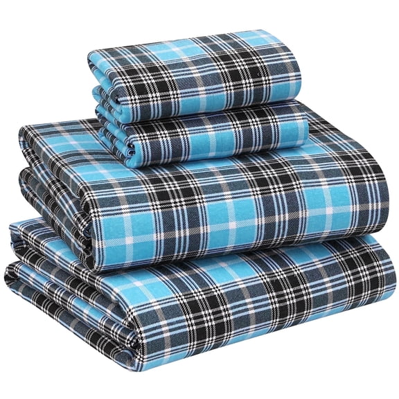 RUVANTI Flannel Sheets Queen Size - 100% Cotton Double Brushed Bed Sheets, Deep Pockets 16 Inches Queen Sheet Set, All Seasons Breathable & Extra Soft - Warm & Cozy, 4 Piece, Teal Plaid