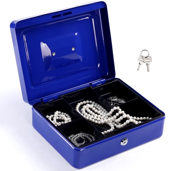 Caja de efectivo de seguridad con cerradura 2 Llaves y bandeja 5 compartimientos de ahorro portátil de metal para cajón de caja fuerte con asa Alcancía ARCOSHOP KISHNELL Azul KISHNELL ARCOSHOP CASH BOX