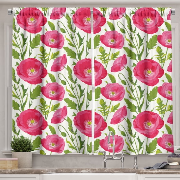 Ambesonne Poppy Flower Kitchen Curtains, Leaves Petals Romance, 55"x39", Green Pink Cream