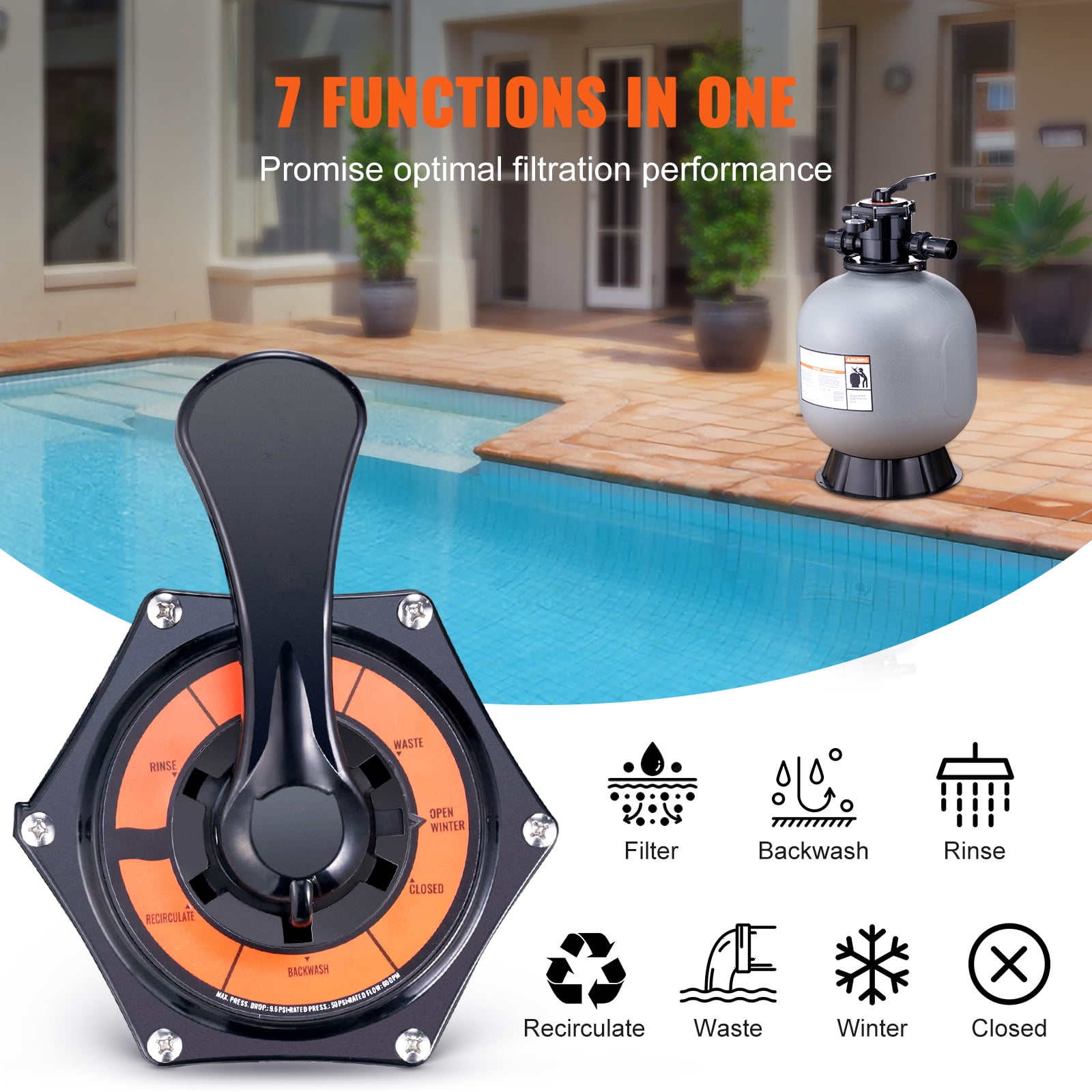 KFFKFF 22 inch Sand Filter, 55 GPM Filteration Device, Suitable for Above Ground and Inground Pools, Sand Filtration System with 7 Functional Multi-Port Valve
